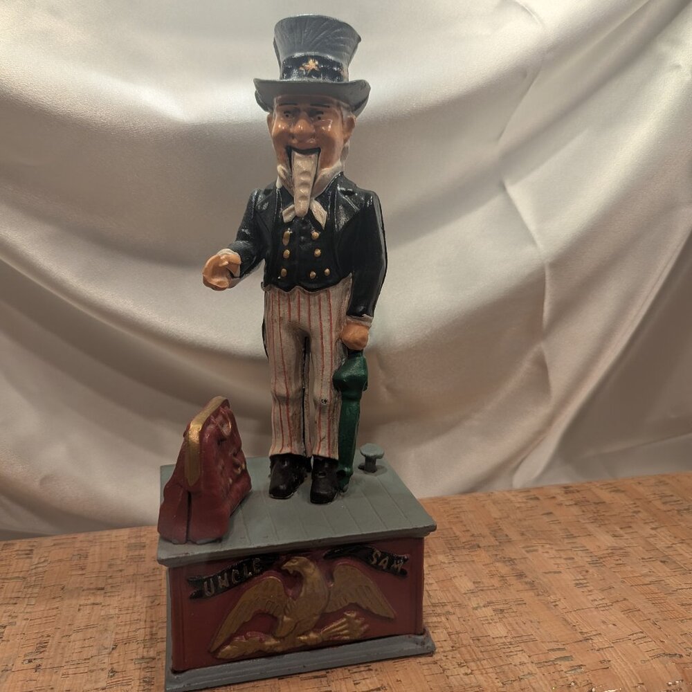 Vintage Uncle Sam Cast Iron Mechanical Coin Piggy Bank with plug Working